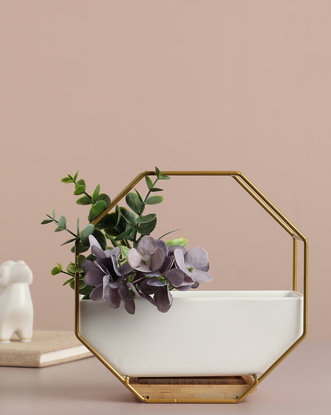 White Solid Ceramic Planter With Gold Octagon Metal Stand | Pack Of 1