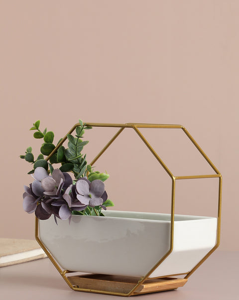 White Solid Ceramic Planter With Gold Octagon Metal Stand | Pack Of 1