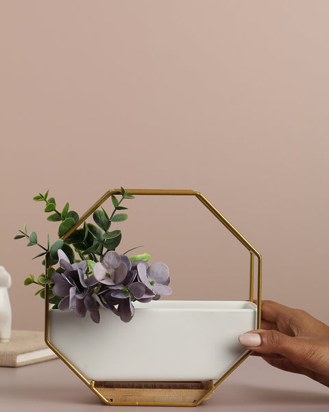 White Solid Ceramic Planter With Gold Octagon Metal Stand | Pack Of 1