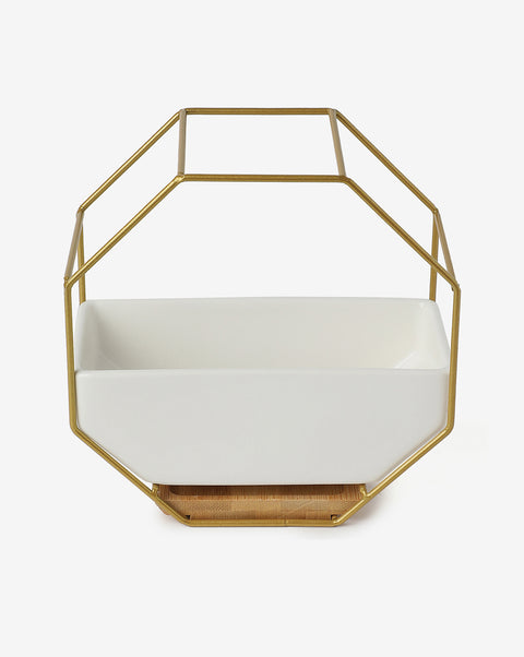 White Solid Ceramic Planter With Gold Octagon Metal Stand | Pack Of 1