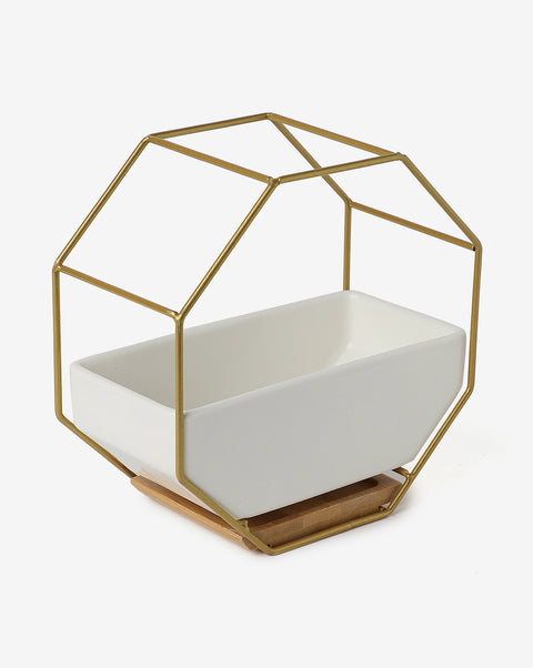 White Solid Ceramic Planter With Gold Octagon Metal Stand | Pack Of 1