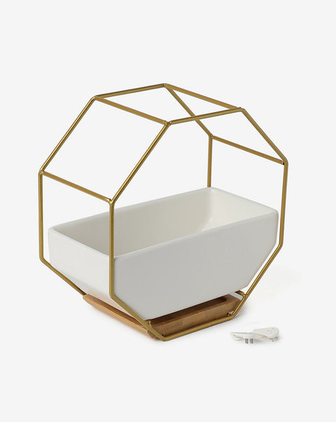 White Solid Ceramic Planter With Gold Octagon Metal Stand | Pack Of 1