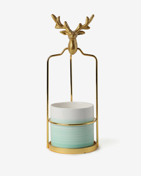 White & Light Blue Solid Ombre Ceramic Planter With Gold Reindeer Metal Stand | Pack Of 1