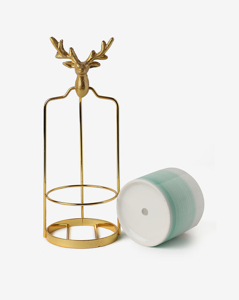 White & Light Blue Solid Ombre Ceramic Planter With Gold Reindeer Metal Stand | Pack Of 1