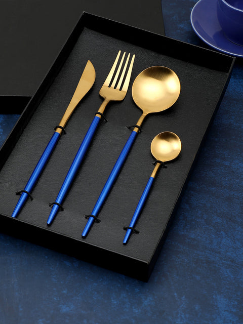 COBALT BLUE & GOLD SOLID STAINLESS STEEL CUTLERY SET