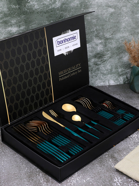 FOREST GREEN & GOLD SOLID STAINLESS STEEL CUTLERY SET