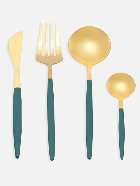 FOREST GREEN & GOLD SOLID STAINLESS STEEL CUTLERY SET