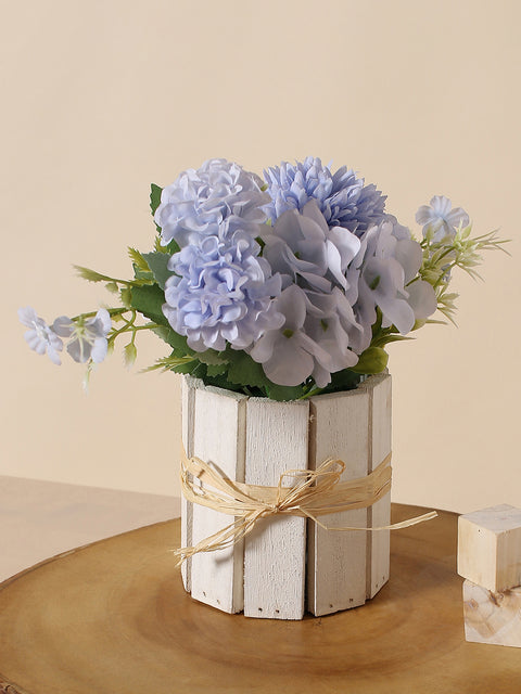 BLUE FAUX FLOWERS IN WOODEN CRATE POT