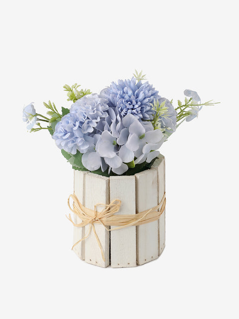 BLUE FAUX FLOWERS IN WOODEN CRATE POT