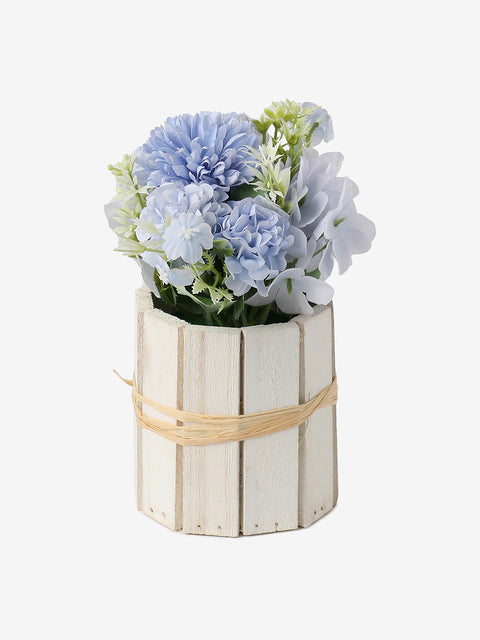 BLUE FAUX FLOWERS IN WOODEN CRATE POT