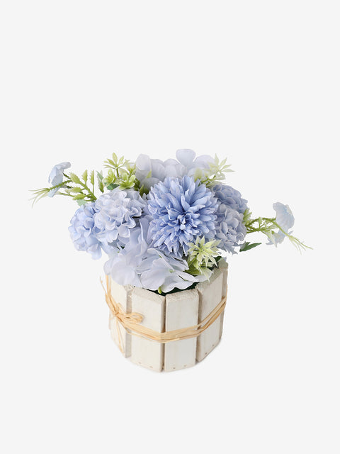 BLUE FAUX FLOWERS IN WOODEN CRATE POT